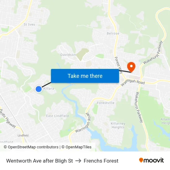 Wentworth Ave after Bligh St to Frenchs Forest map