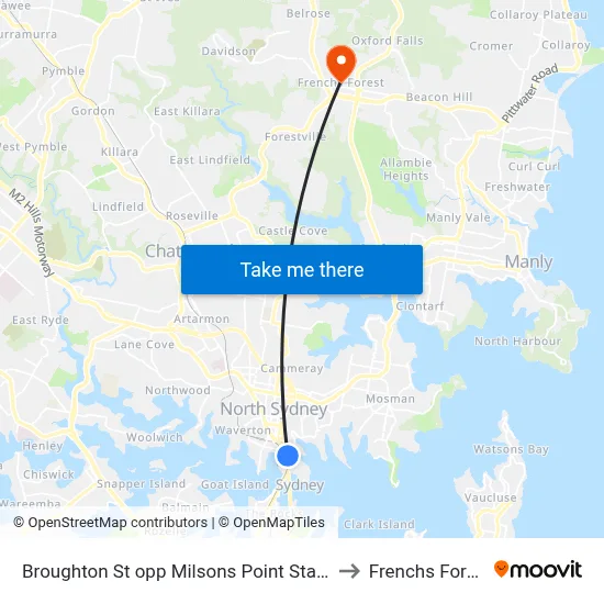 Broughton St opp Milsons Point Station to Frenchs Forest map