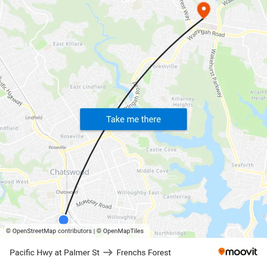 Pacific Hwy at Palmer St to Frenchs Forest map