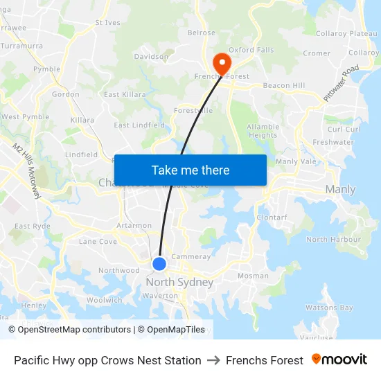 Pacific Hwy opp Crows Nest Station to Frenchs Forest map