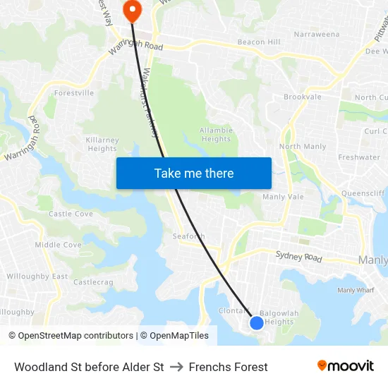 Woodland St before Alder St to Frenchs Forest map