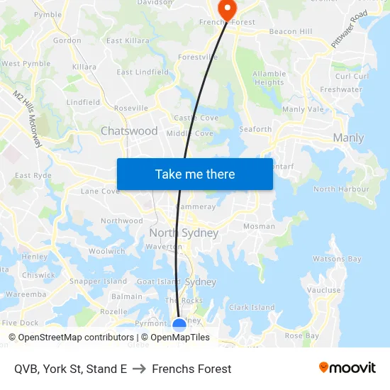 QVB, York St, Stand E to Frenchs Forest map