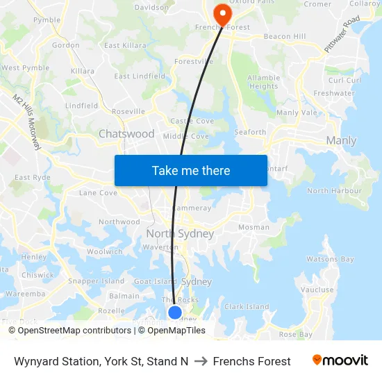 Wynyard Station, York St, Stand N to Frenchs Forest map