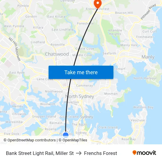 Bank Street Light Rail, Miller St to Frenchs Forest map