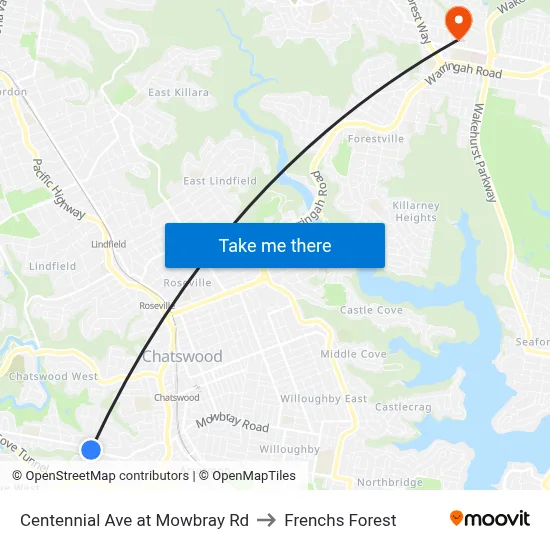 Centennial Ave at Mowbray Rd to Frenchs Forest map