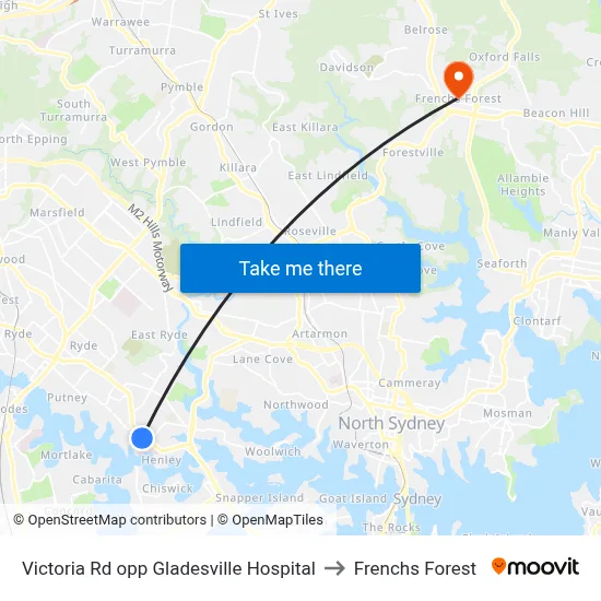 Victoria Rd opp Gladesville Hospital to Frenchs Forest map