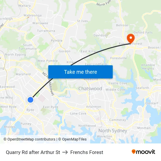 Quarry Rd after Arthur St to Frenchs Forest map