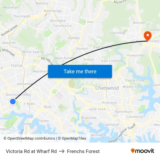 Victoria Rd at Wharf Rd to Frenchs Forest map
