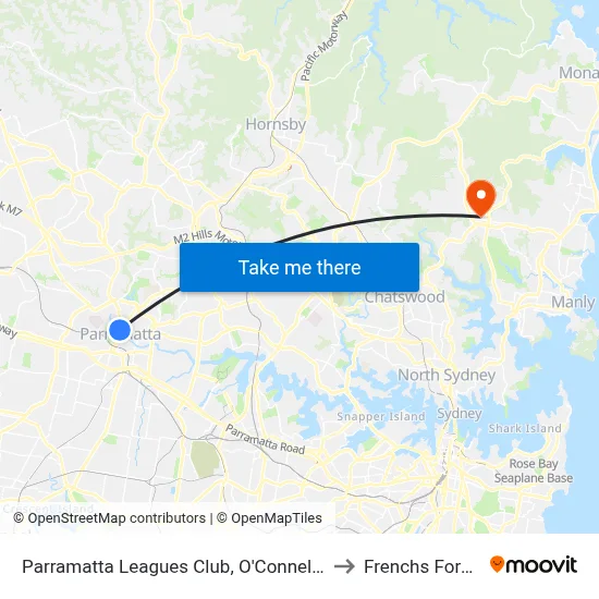 Parramatta Leagues Club, O'Connell St to Frenchs Forest map