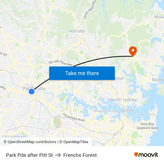 Park Pde after Pitt St to Frenchs Forest map