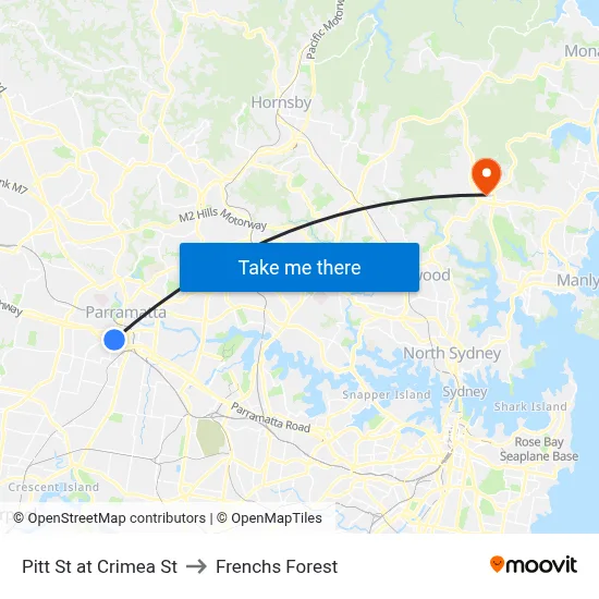 Pitt St at Crimea St to Frenchs Forest map