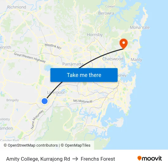 Amity College, Kurrajong Rd to Frenchs Forest map