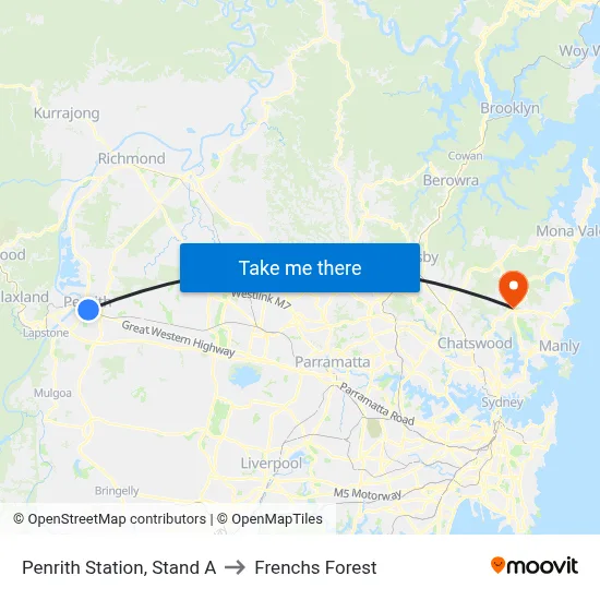 Penrith Station, Stand A to Frenchs Forest map