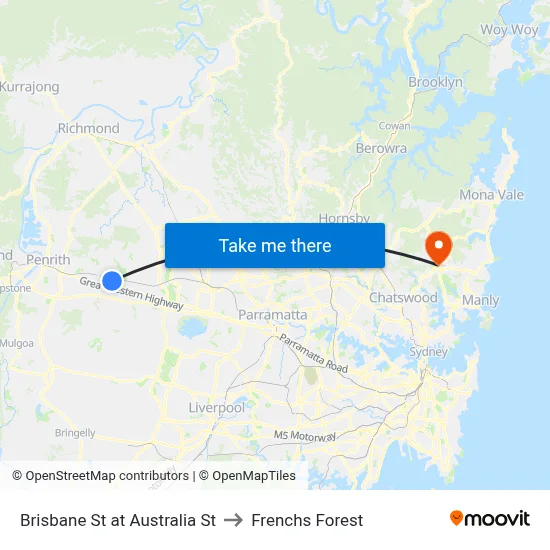 Brisbane St at Australia St to Frenchs Forest map