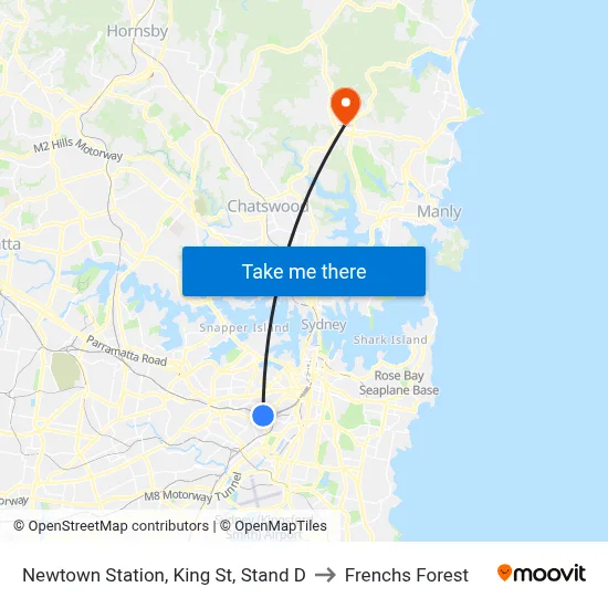 Newtown Station, King St, Stand D to Frenchs Forest map
