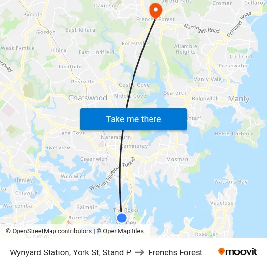 Wynyard Station, York St, Stand P to Frenchs Forest map