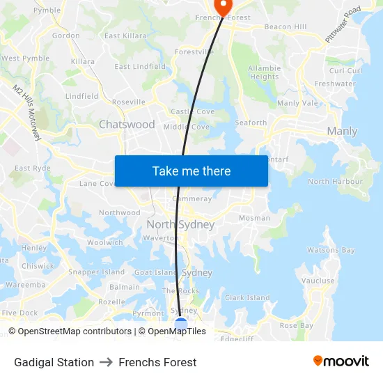 Gadigal Station to Frenchs Forest map