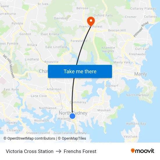 Victoria Cross Station to Frenchs Forest map
