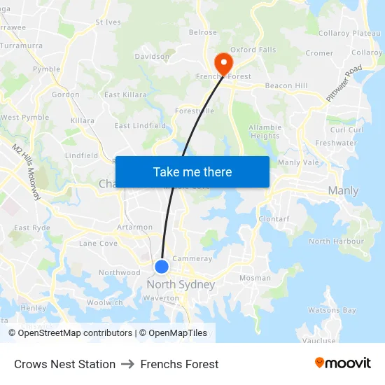 Crows Nest Station to Frenchs Forest map