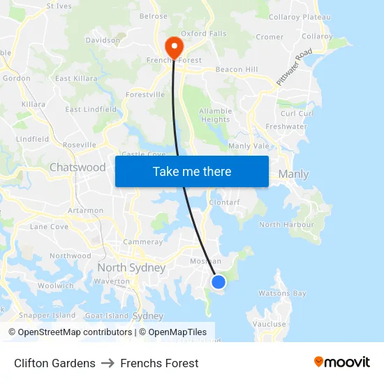 Clifton Gardens to Frenchs Forest map