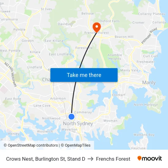 Crows Nest, Burlington St, Stand D to Frenchs Forest map