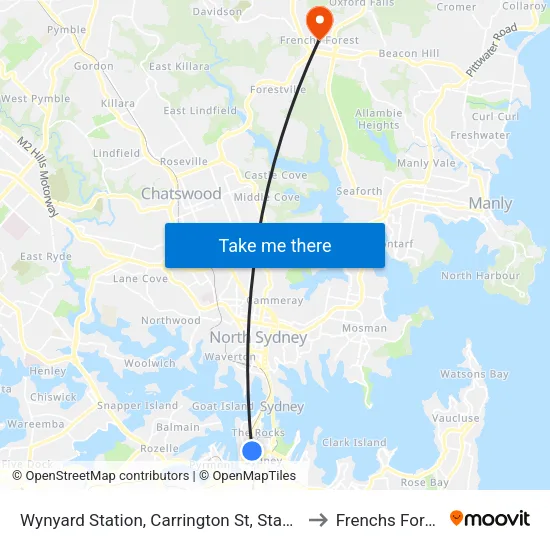 Wynyard Station, Carrington St, Stand A to Frenchs Forest map