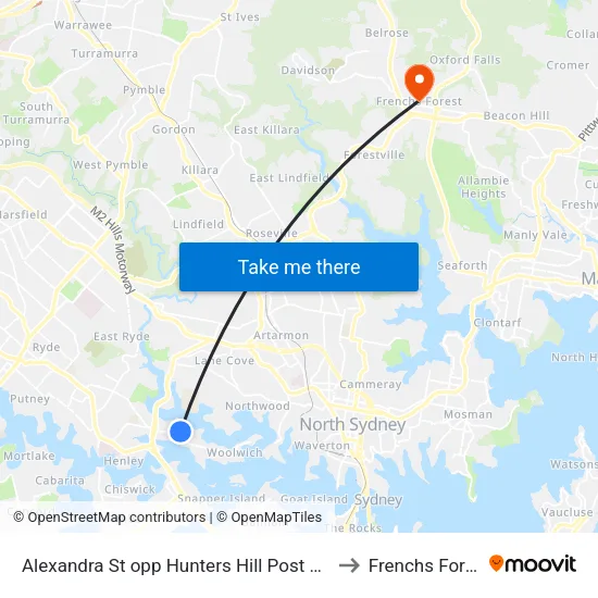 Alexandra St opp Hunters Hill Post Office to Frenchs Forest map