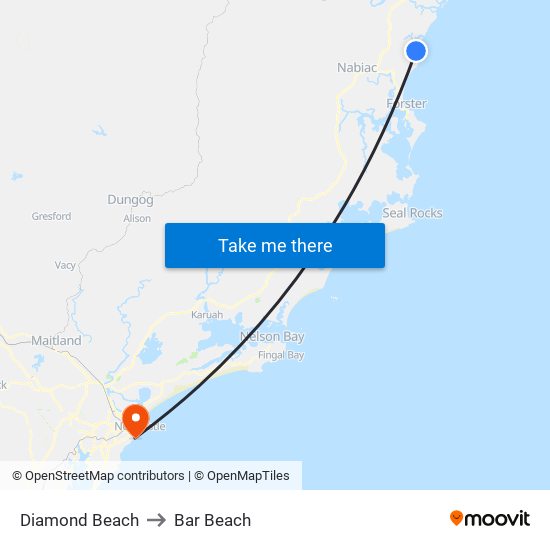 Diamond Beach to Bar Beach map