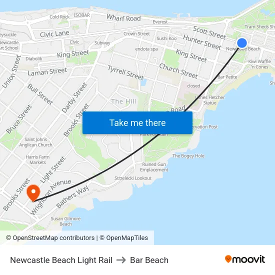 Newcastle Beach Light Rail to Bar Beach map