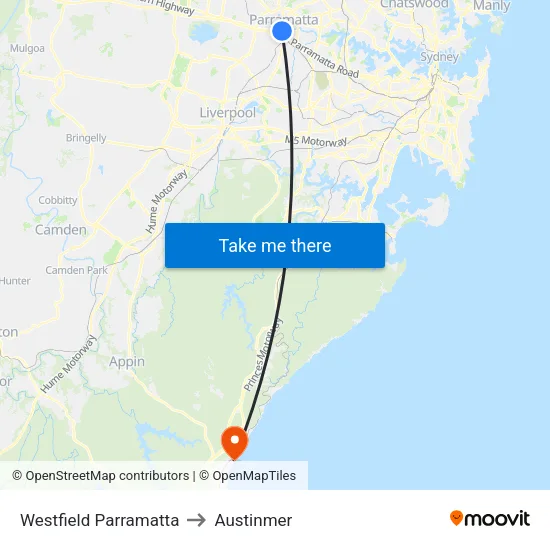 Westfield Parramatta to Austinmer map