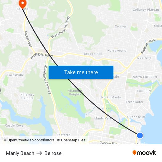 Manly Beach to Belrose map