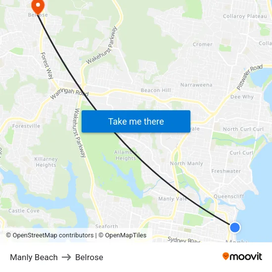 Manly Beach to Belrose map