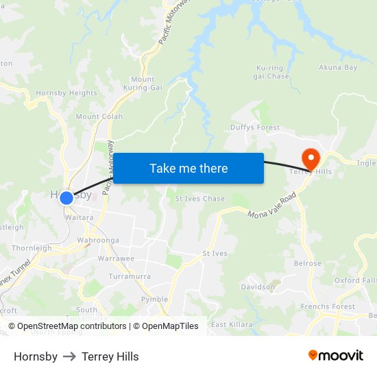 Hornsby to Terrey Hills map