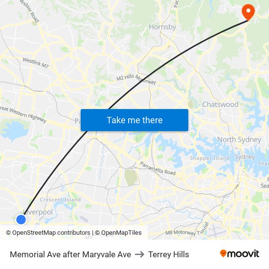 Memorial Ave after Maryvale Ave to Terrey Hills map