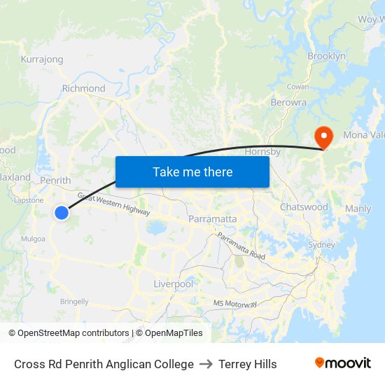 Cross Rd Penrith Anglican College to Terrey Hills map