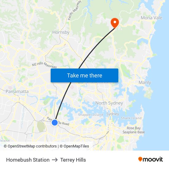 Homebush Station to Terrey Hills map