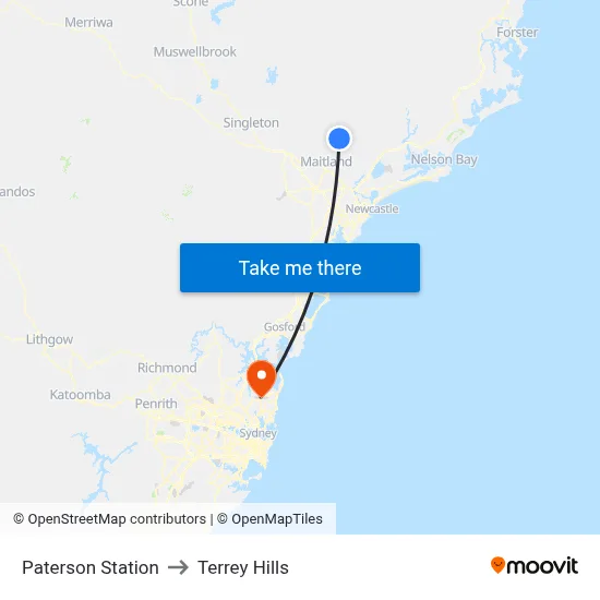 Paterson Station to Terrey Hills map