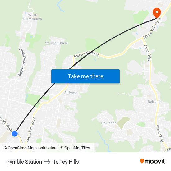 Pymble Station to Terrey Hills map