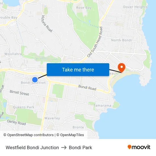 Westfield Bondi Junction to Bondi Park map