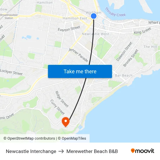 Newcastle Interchange to Merewether Beach B&B map