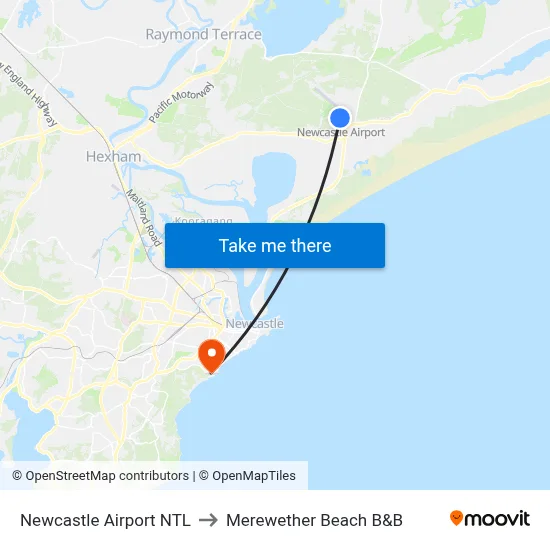 Newcastle Airport NTL to Merewether Beach B&B map