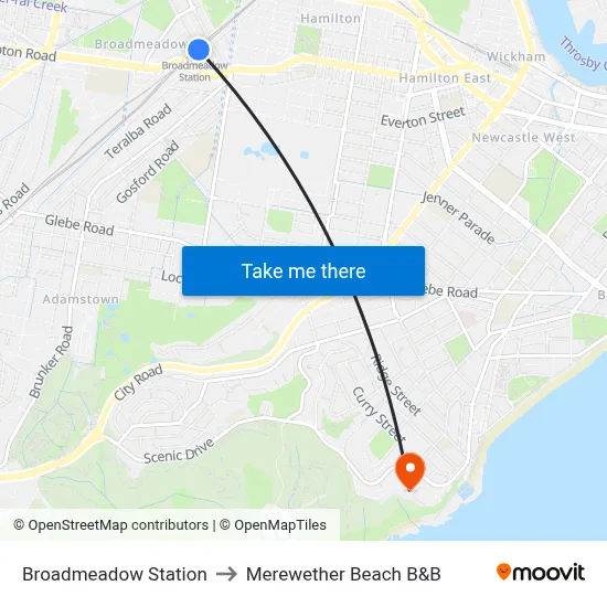 Broadmeadow Station to Merewether Beach B&B map