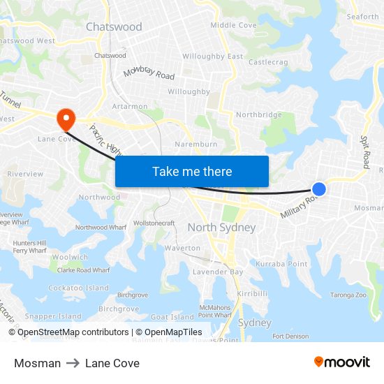 Mosman to Lane Cove map