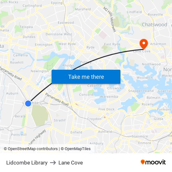 Lidcombe Library to Lane Cove map