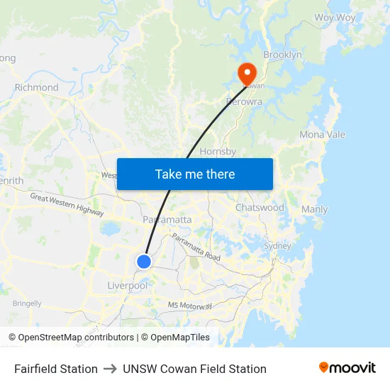 Fairfield Station to UNSW Cowan Field Station map