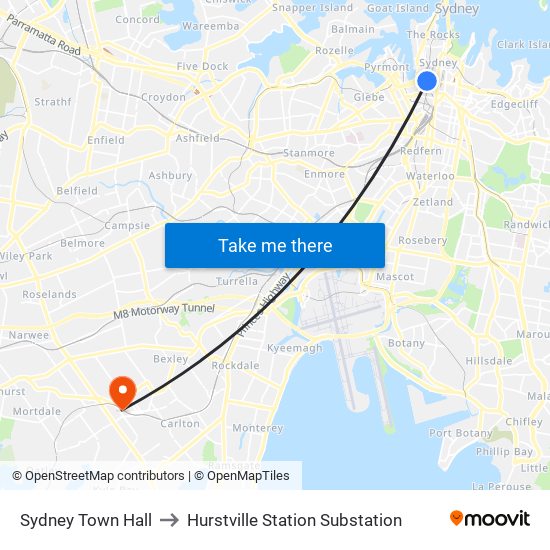 Sydney Town Hall to Hurstville Station Substation map