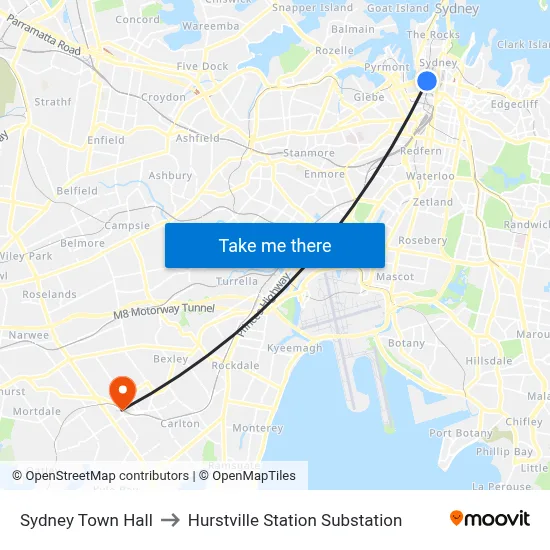 Sydney Town Hall to Hurstville Station Substation map
