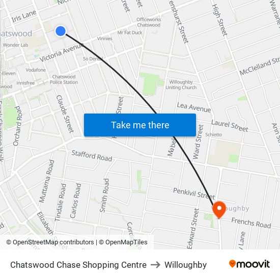 Chatswood Chase Shopping Centre to Willoughby map