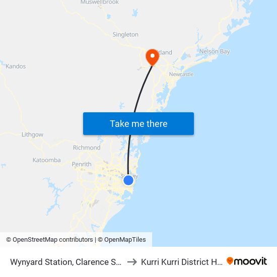 Wynyard Station, Clarence St, Stand R to Kurri Kurri District Hospital map
