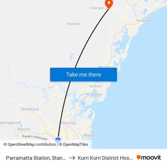 Parramatta Station, Stand A2 to Kurri Kurri District Hospital map